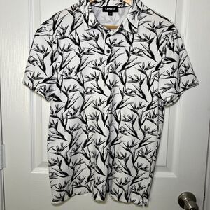 Express Mens Polo Shirt Medium Black White Birds Of Paradise Floral Short Sleeve